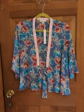 The Outfit Floral Tie-Front Chiffon Kimono Cardigan Periwinkle Blue and Pink NWT